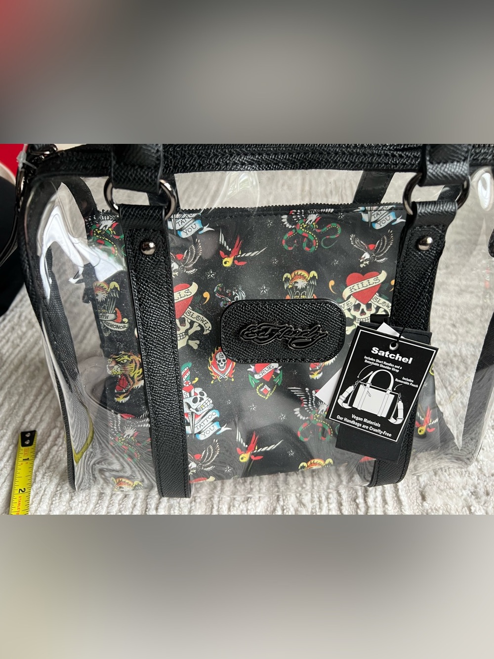 Ed Hardy Black Clear Satchel Handbag - Picture 3 of 5
